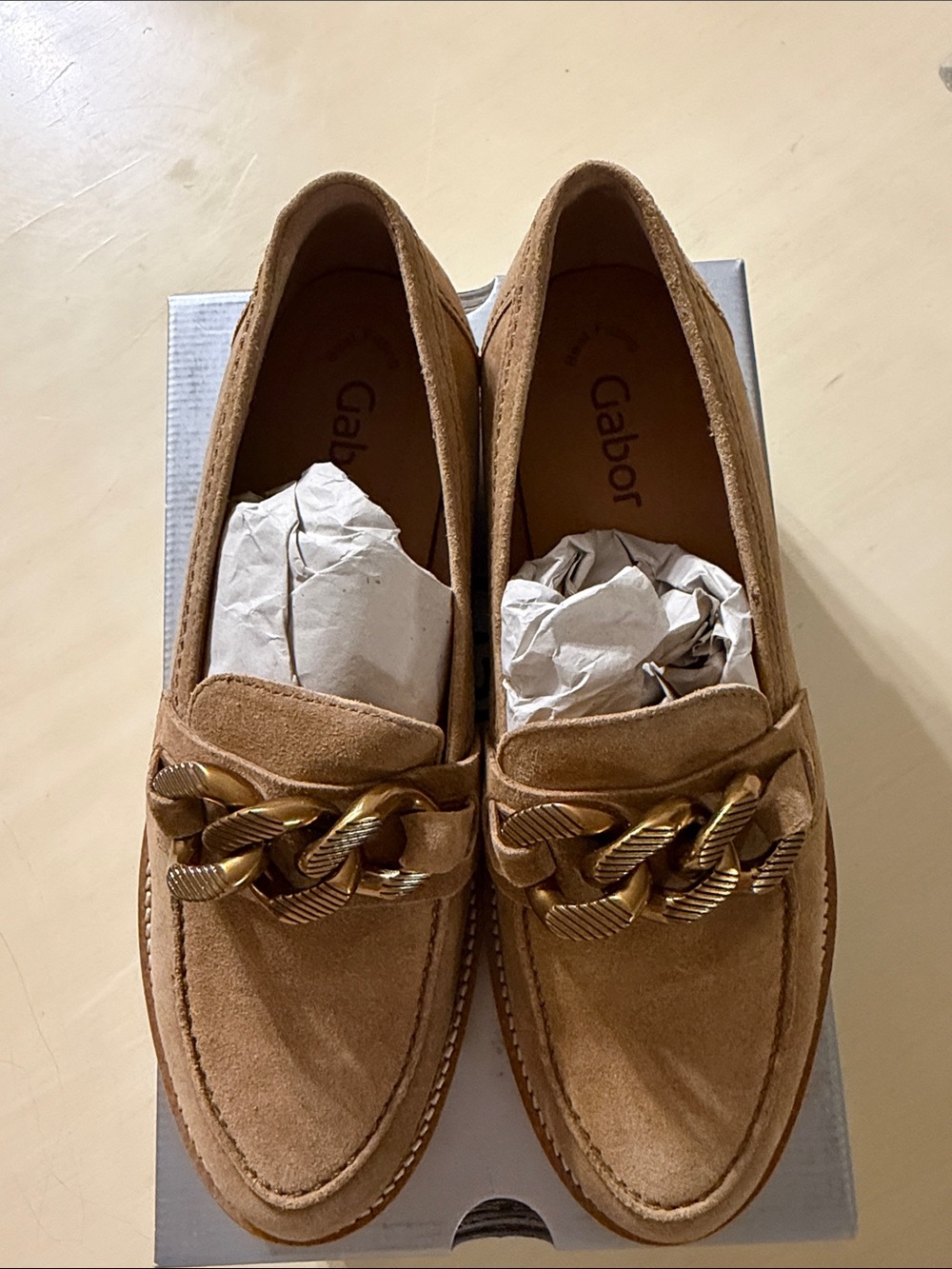 Gabor  Tan Suede Loafers with Gold Chain Accent Size 8 US